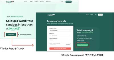 InstaWPのトップページで「Try for Free」をクリックし、「Create Free Account」をクリックしてアカウントを作成する図