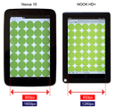 Nexus 10とNook HD+を並べて、画面の大きさとビューポートの解像度を比較したもの